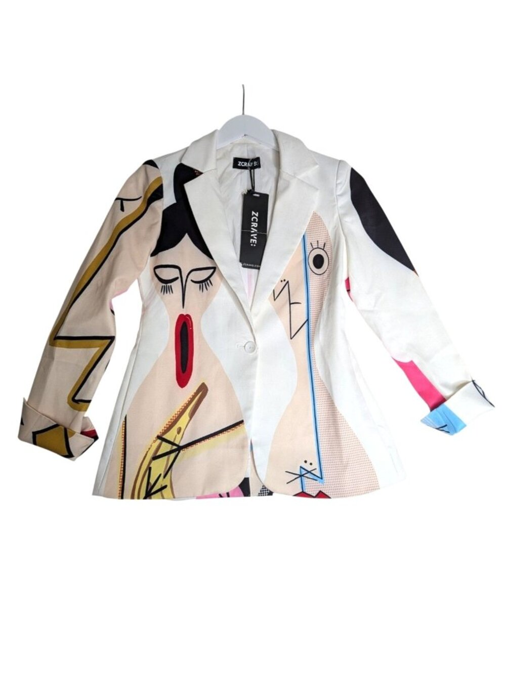 NWT ZCrave Women's Art Gallery Suit Blazer Pop art faces white Sz XS - Picture 2 of 10